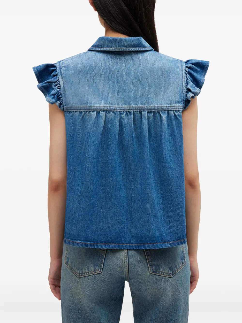 GANNI Denim top met ruches Blauw