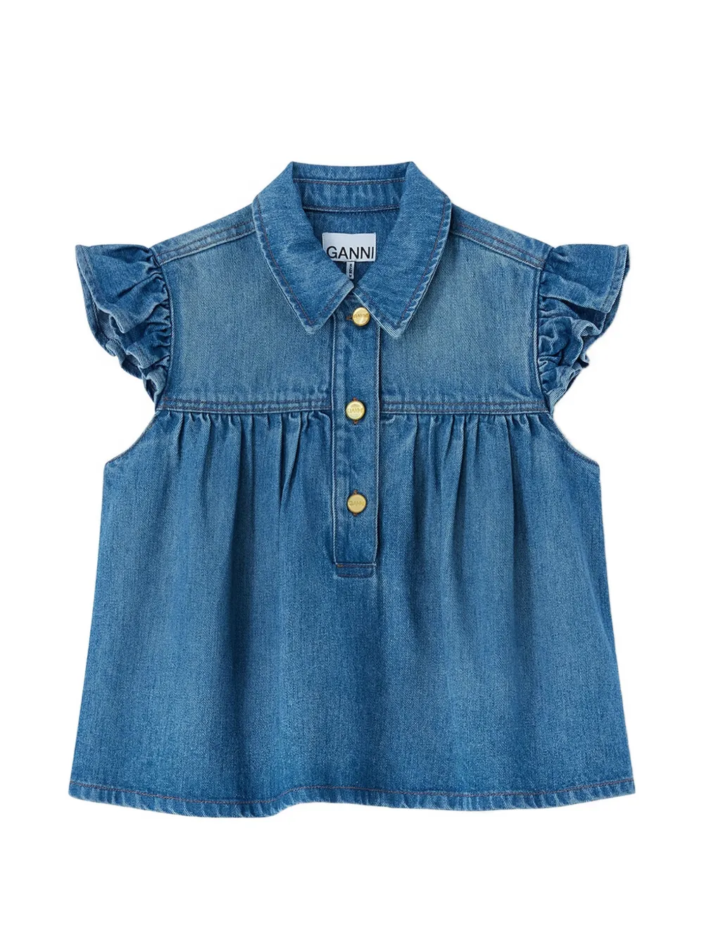 GANNI Denim top met ruches Blauw