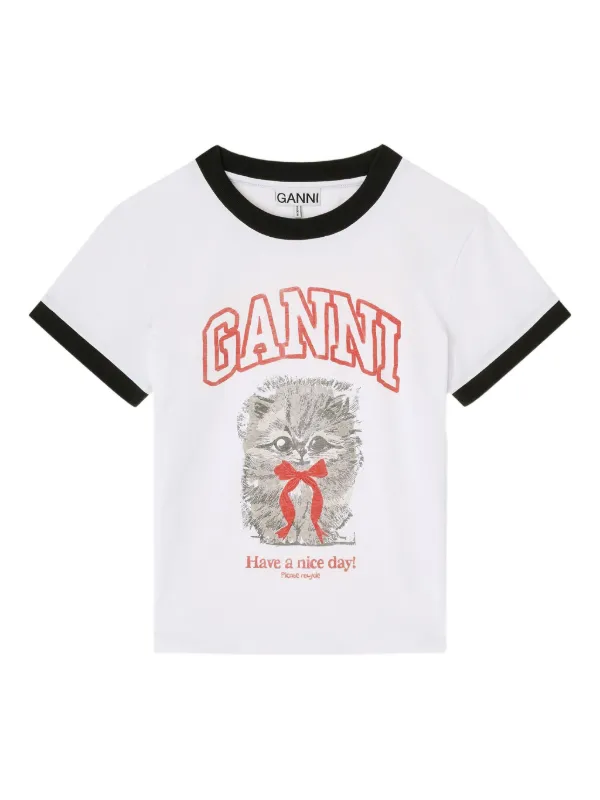 GANNI White Cropped Kitty T-shirt | White | FARFETCH