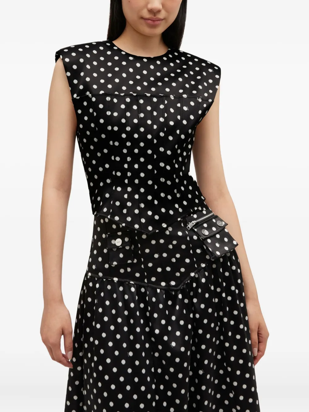 Ganni Womens Black Padded-shoulder Polka-dot Satin Corset Top