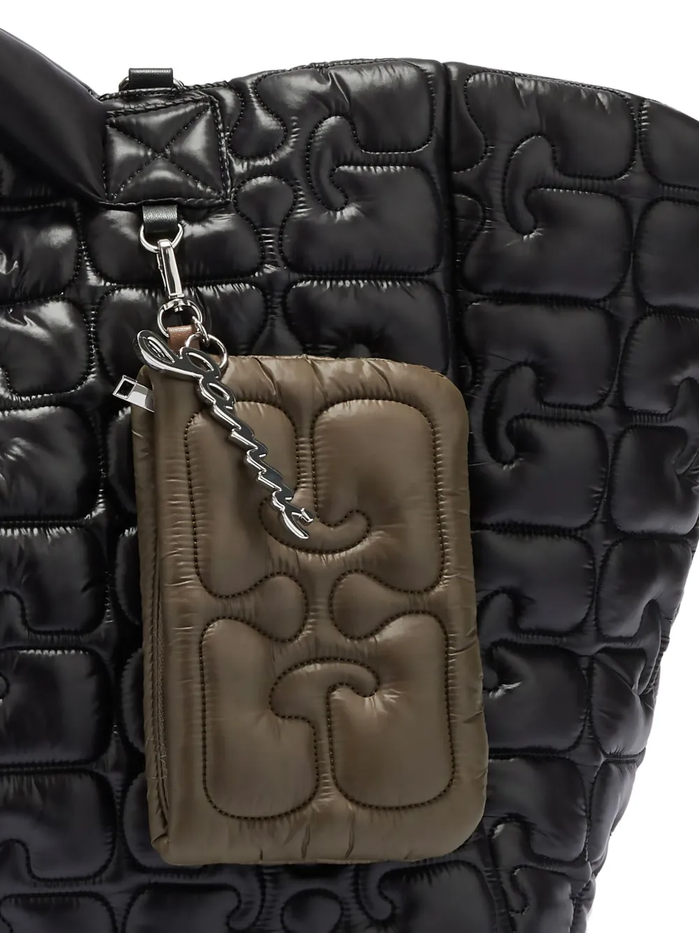Ganni Quilted Logo-charm Wallet In Brown