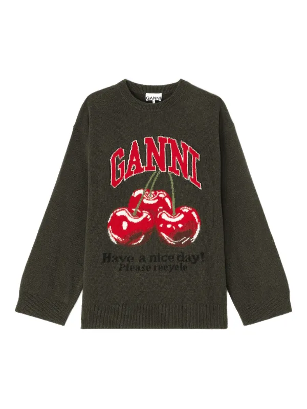 yanyan knit ワンピース　itimi shury ganni GANNI cherry-print Graphic Sweater | Green | FARFETCH