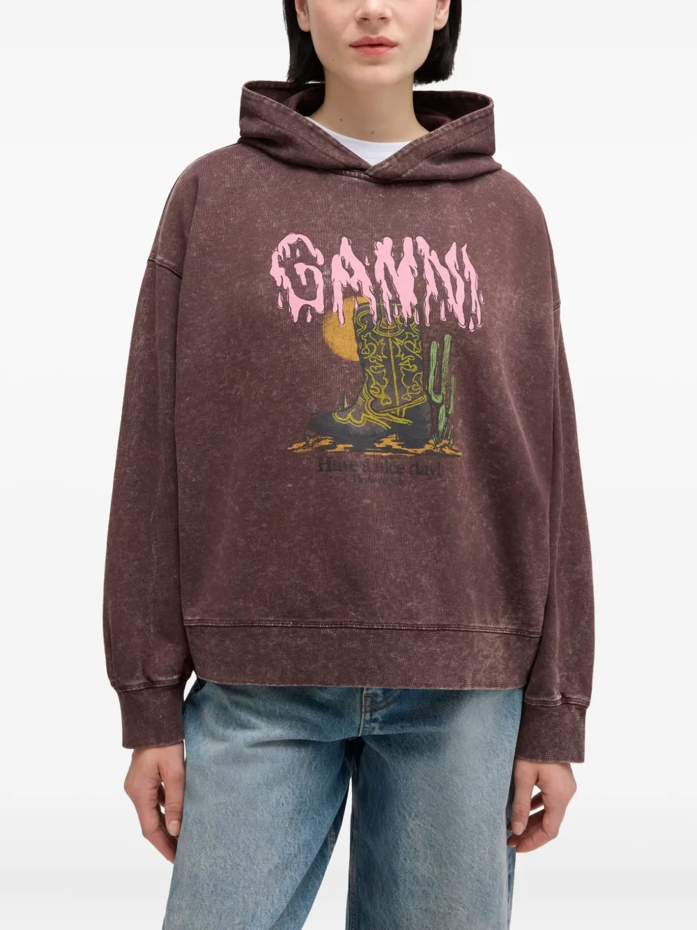 Ganni Graphic-print Hoodie In Brown