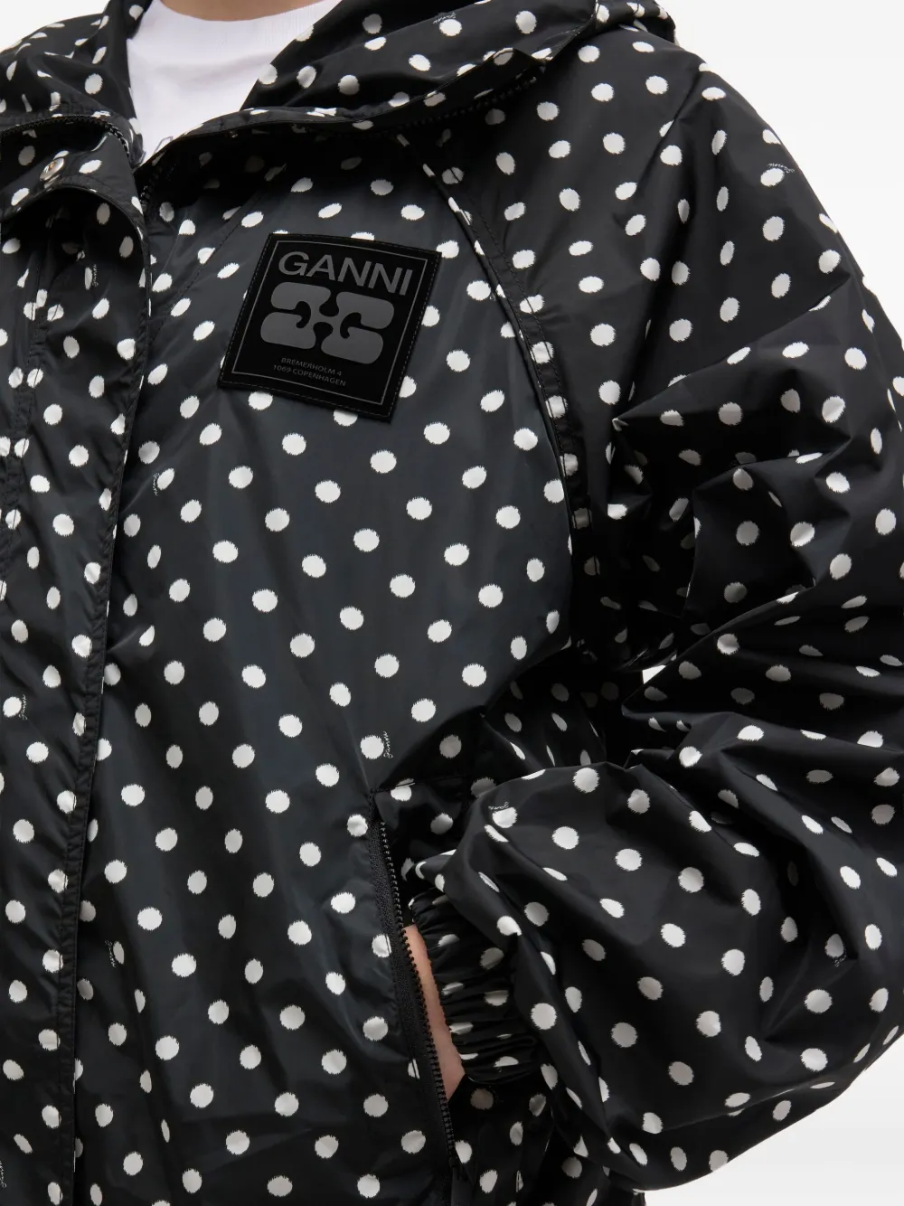 Ganni Polka-dot Hooded Jacket In Black