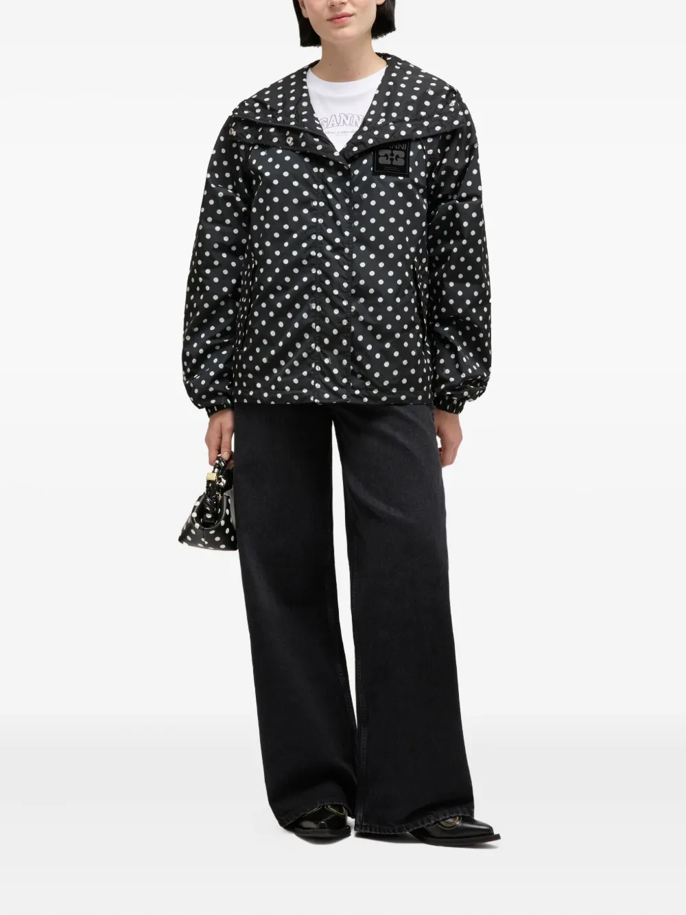Ganni Polka-dot Hooded Jacket In Black