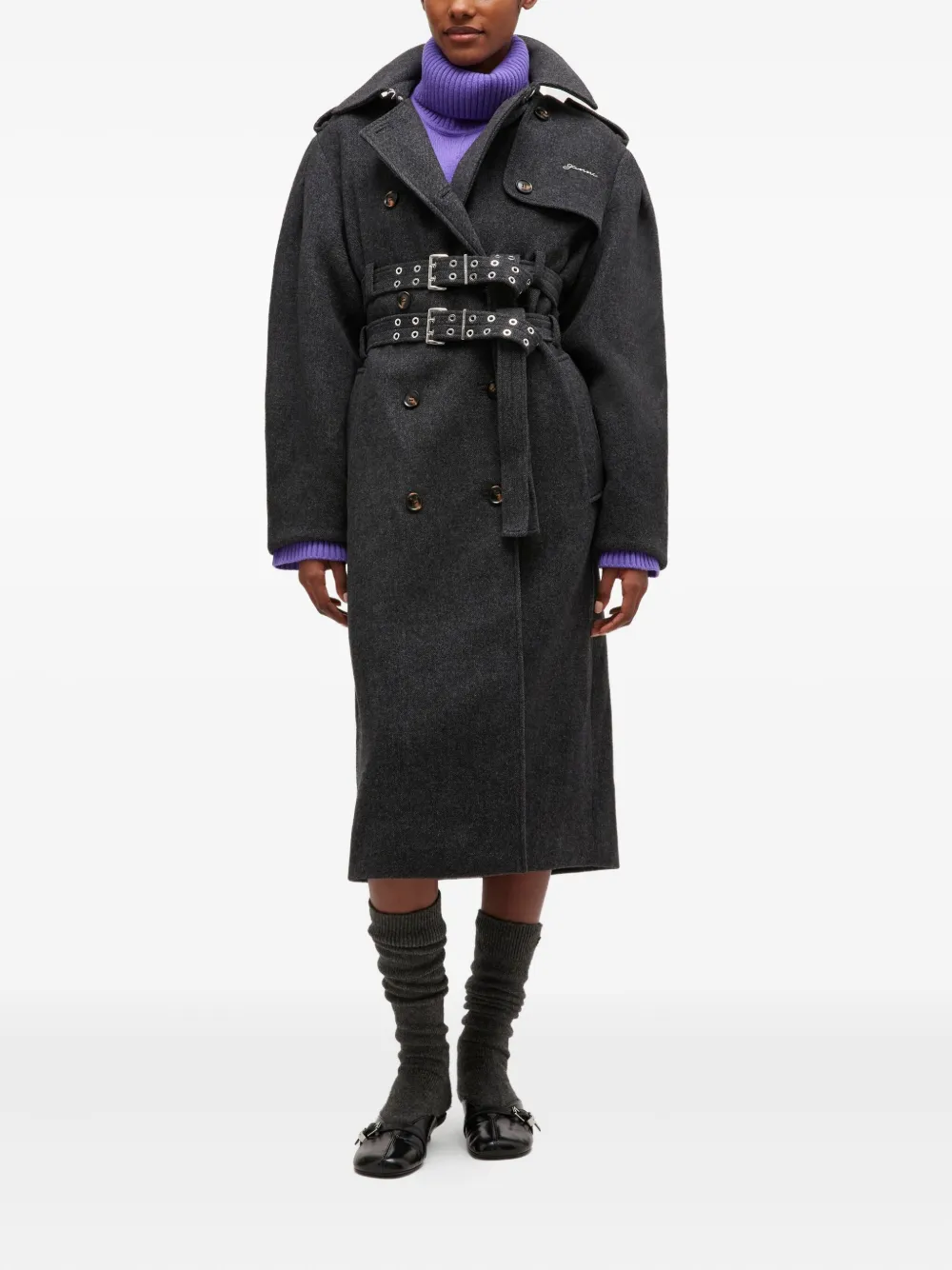  Ganni Belted Double-breasted Coat - Grey 