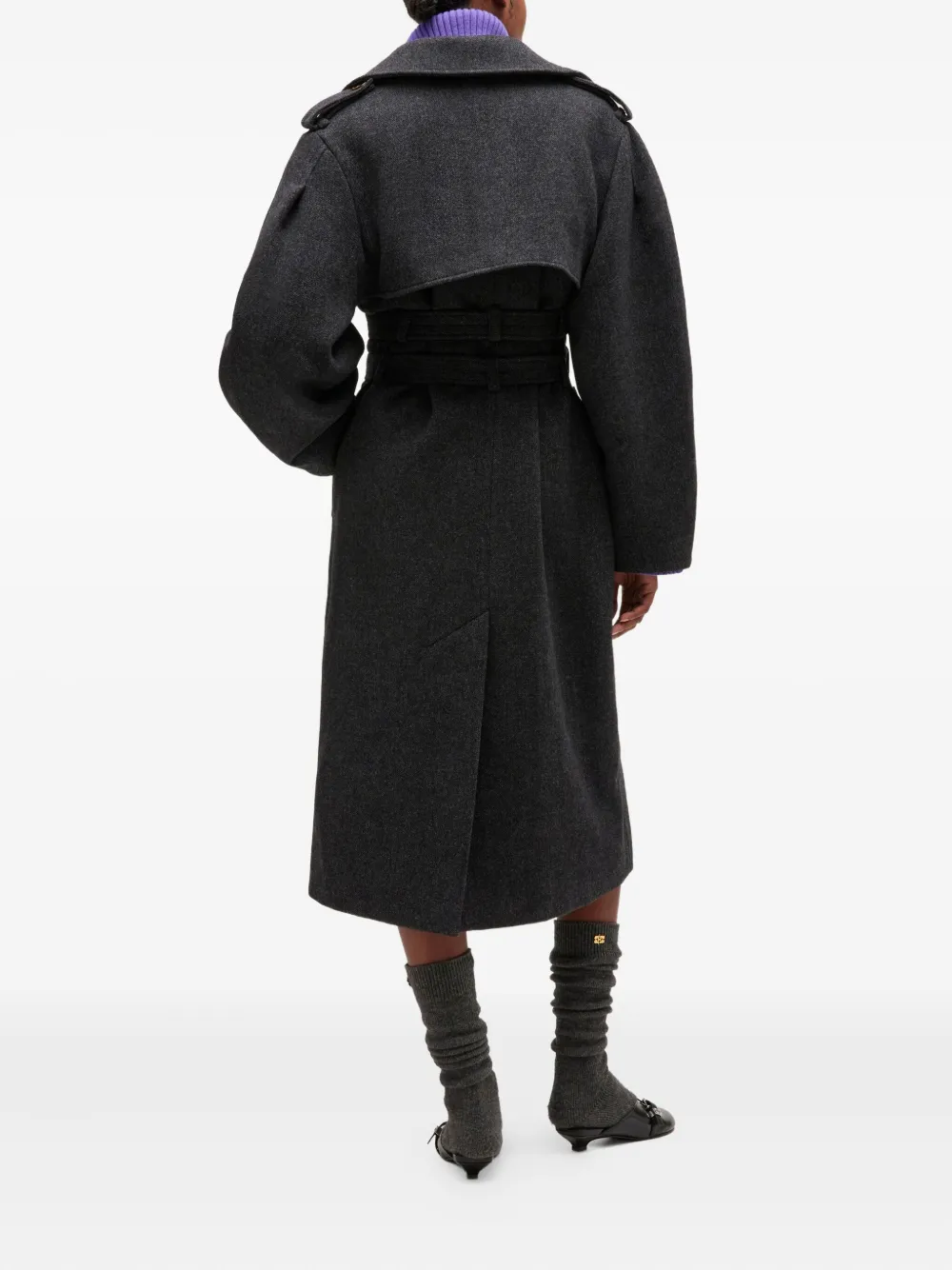  Ganni Belted Double-breasted Coat - Grey 