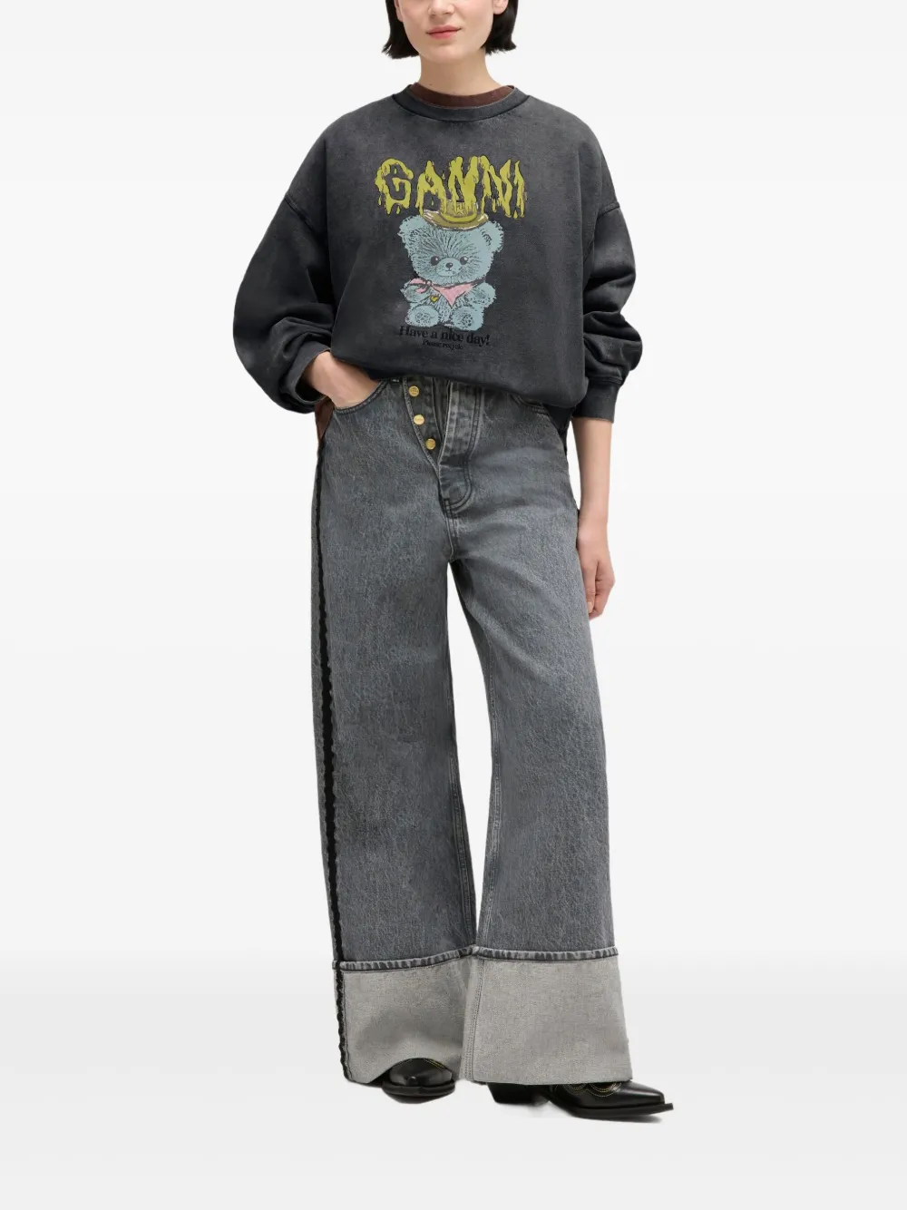 Ganni Graphic-print Sweatshirt In Gray