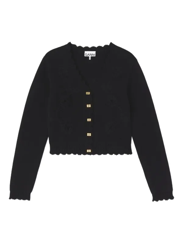 Ganni Crochet Applique Cardigan in Black