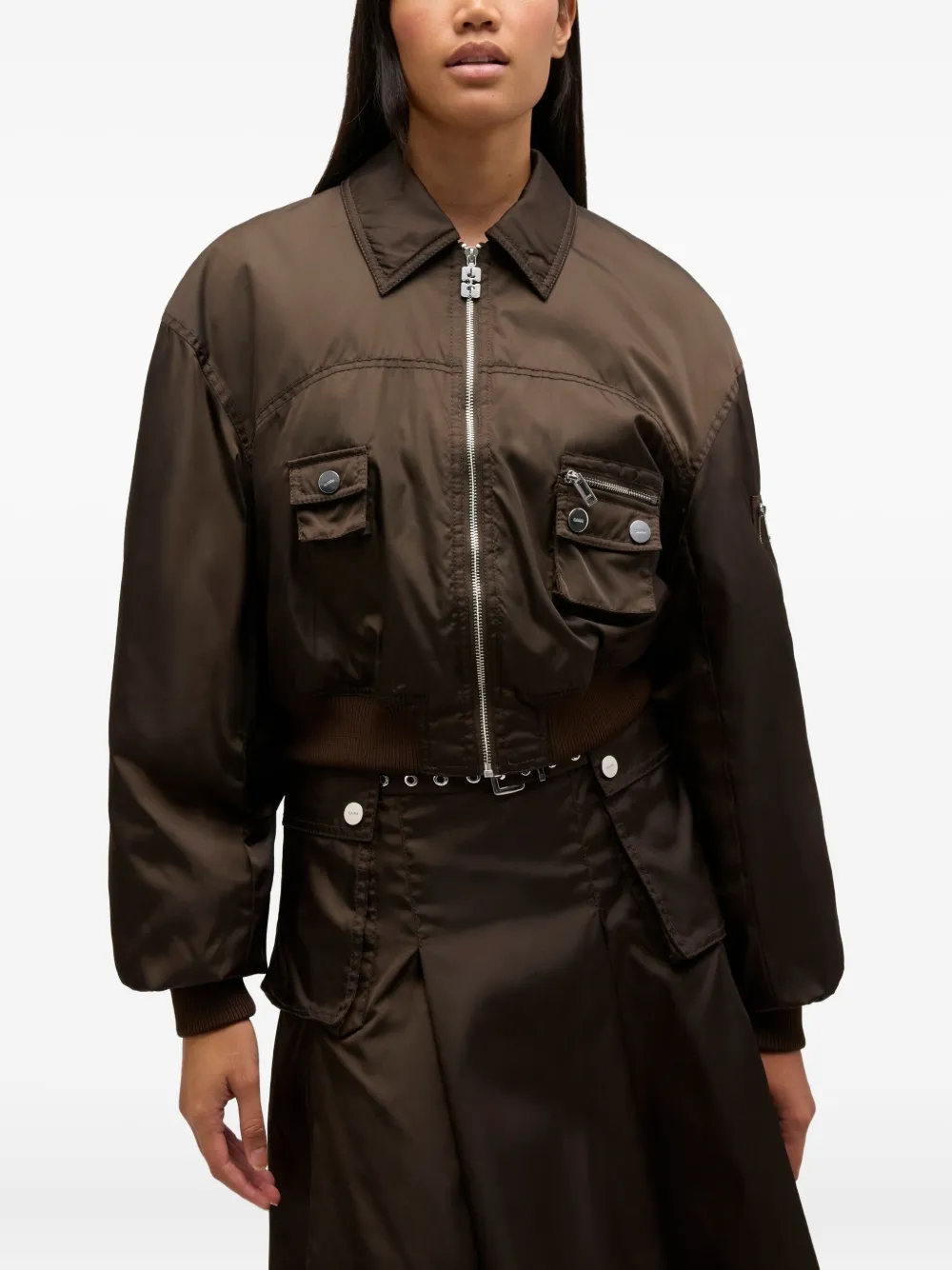 Ruffled-Detail Bomber Jacket