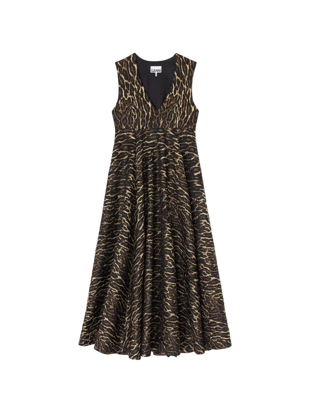 GANNI Abito midi con scollo a V e stampa animalier - Nero