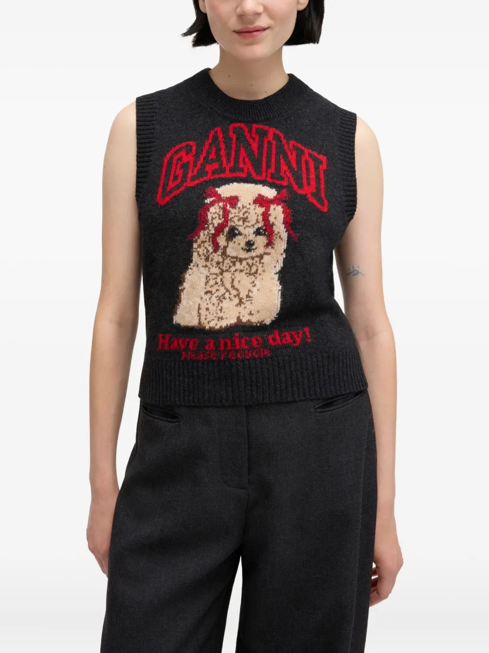 Ganni Graphic Knitted Vest In Black