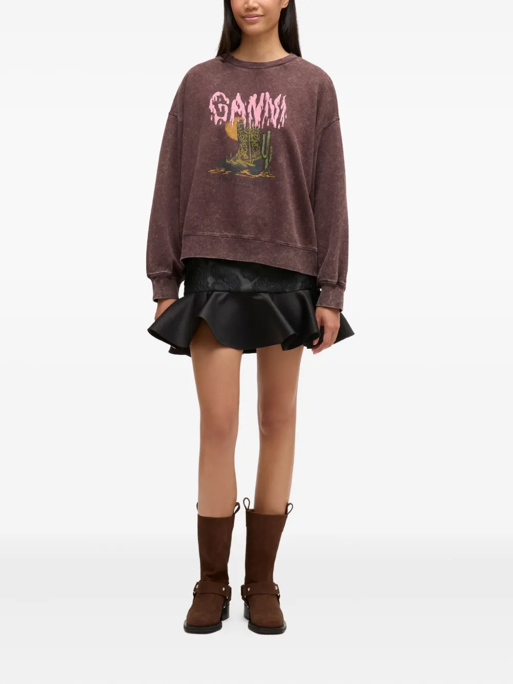 Ganni Graphic-print Sweatshirt In Brown