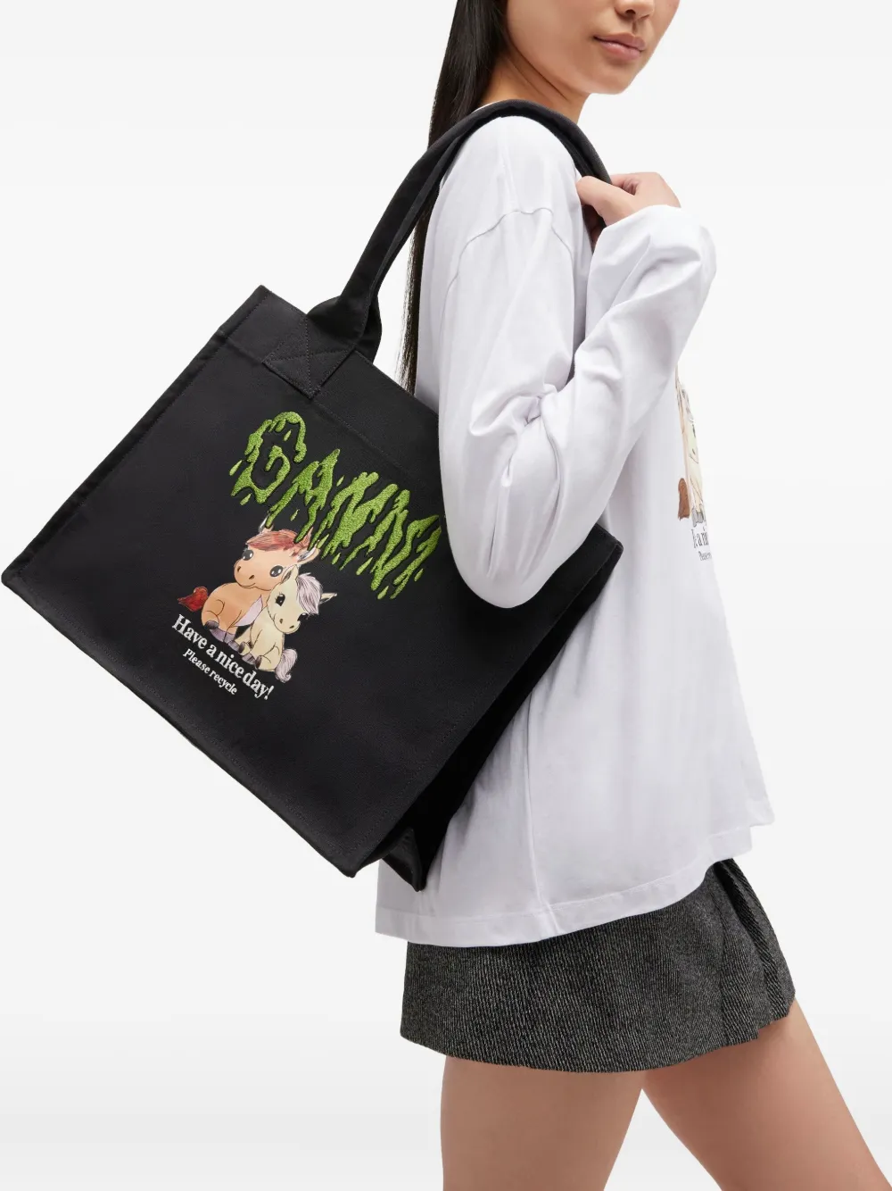 GANNI Grote Pony shopper met print Zwart