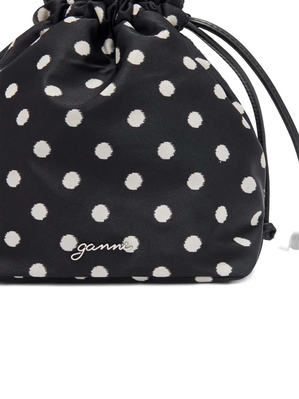 Ganni Polka Dot Drawstring Bucket Bag In Black