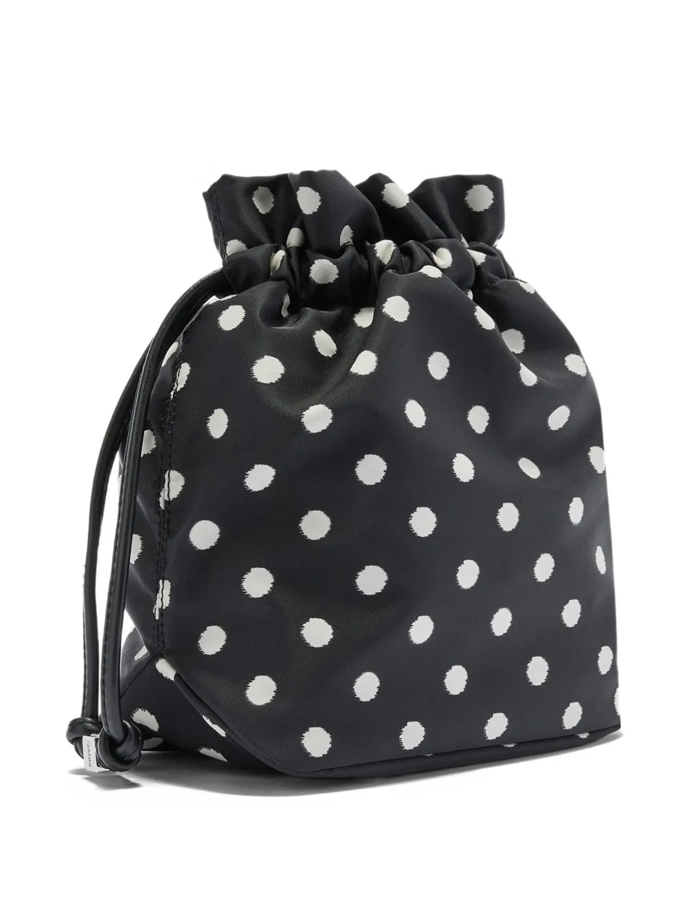 Ganni Polka Dot Drawstring Bucket Bag In Black