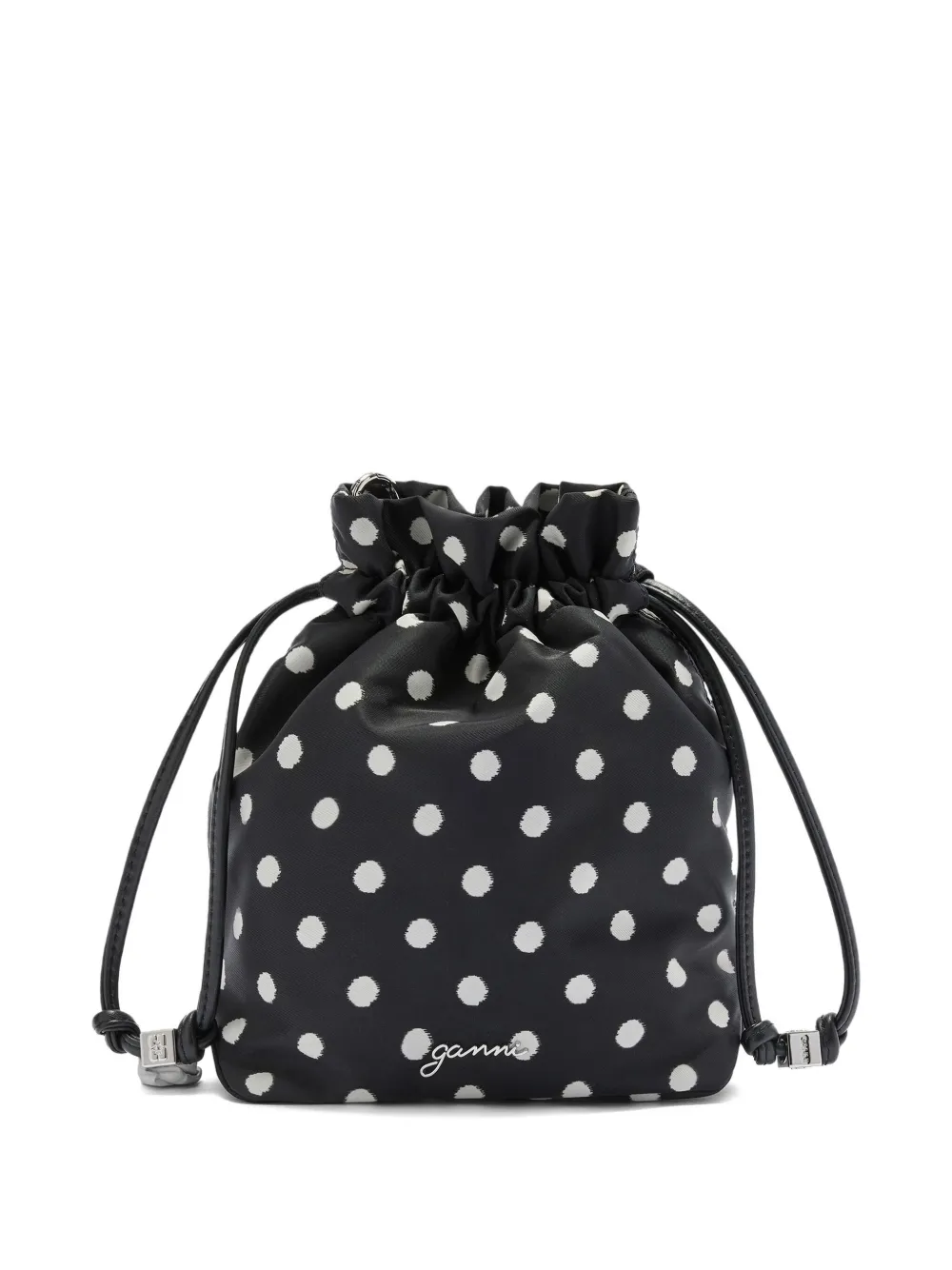Ganni Polka Dot Drawstring Bucket Bag In Black