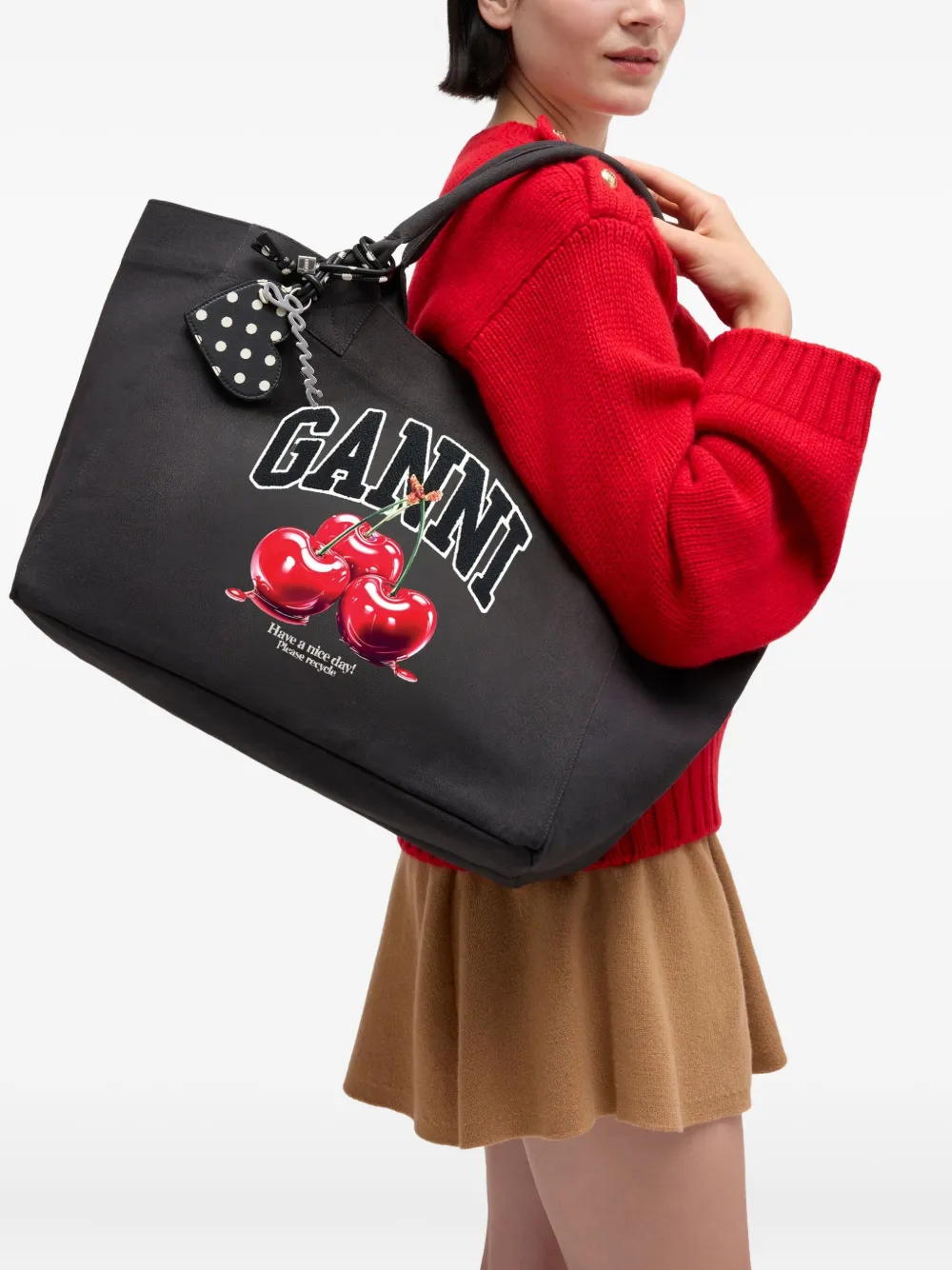 GANNI Shopper met kersenprint en handgreep - Zwart