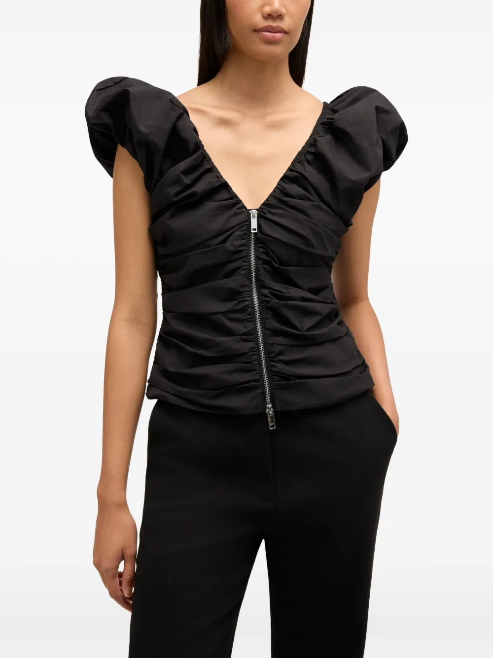  Ganni Ruched Zip Blouse - Black 