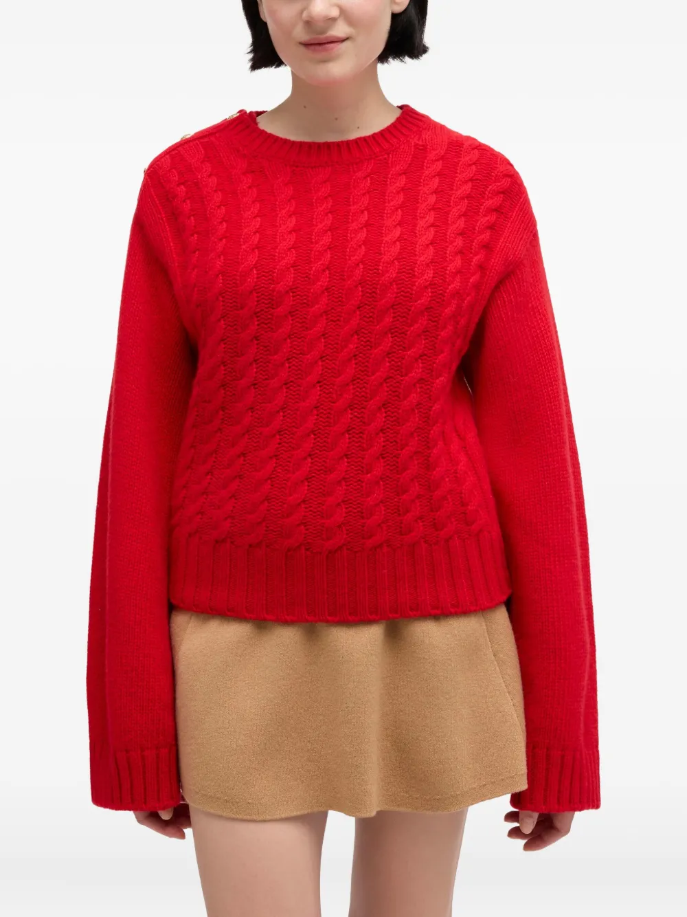 Ganni Wool Blend Crewneck Chunky Cable Sweater In Red