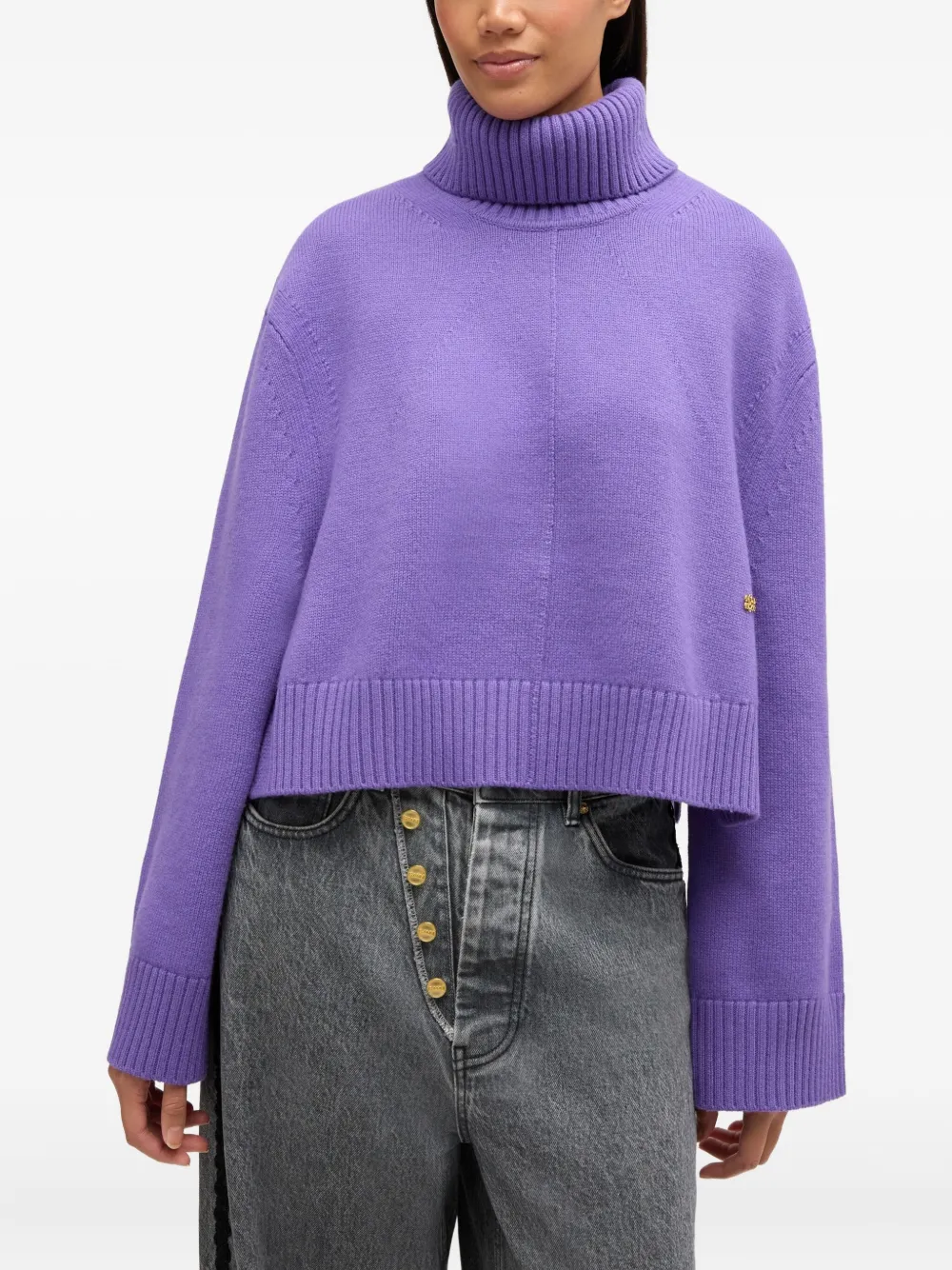 Ganni Roll-neck Cropped Sweater In Purple