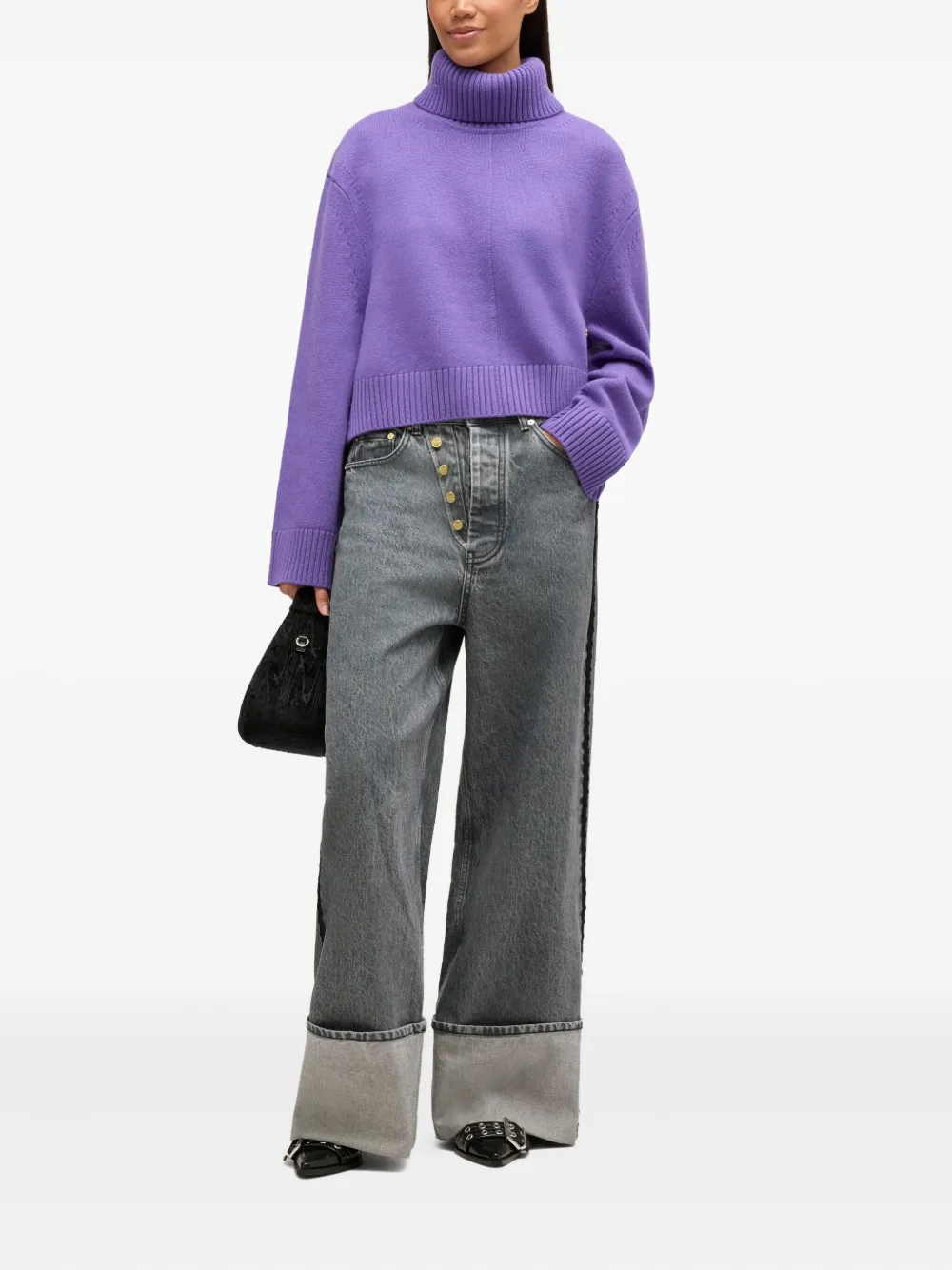 Ganni Roll-neck Cropped Sweater In Purple