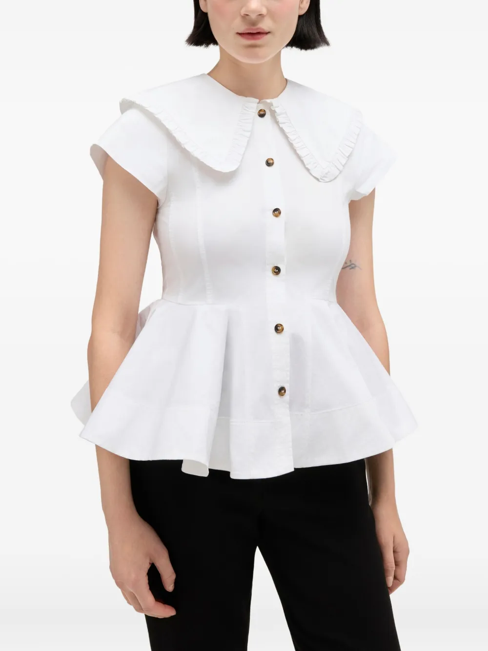 Ganni Short Cotton Shirt With Ruffles In White