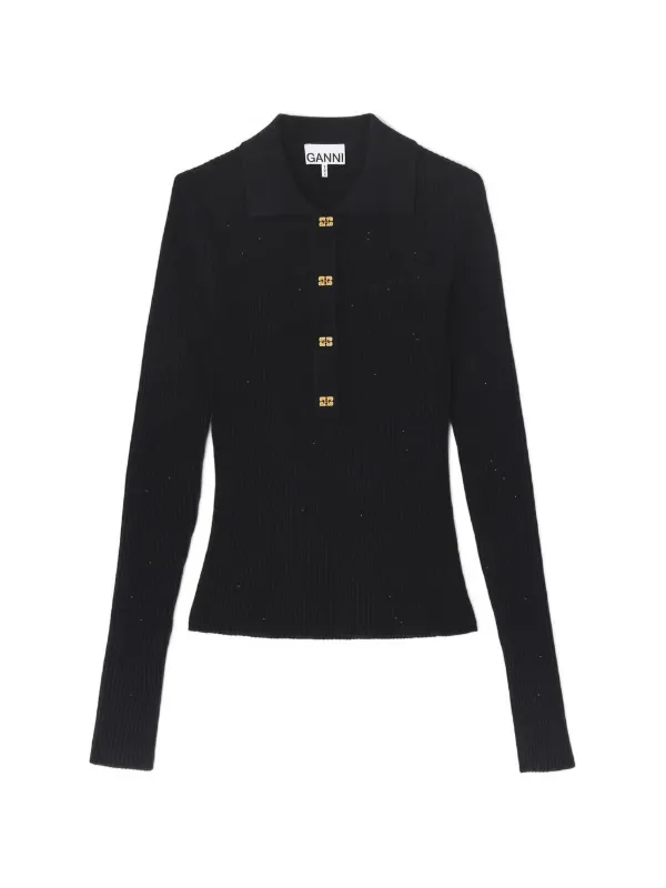 Ganni Fine Sequin Knitted Polo in Black