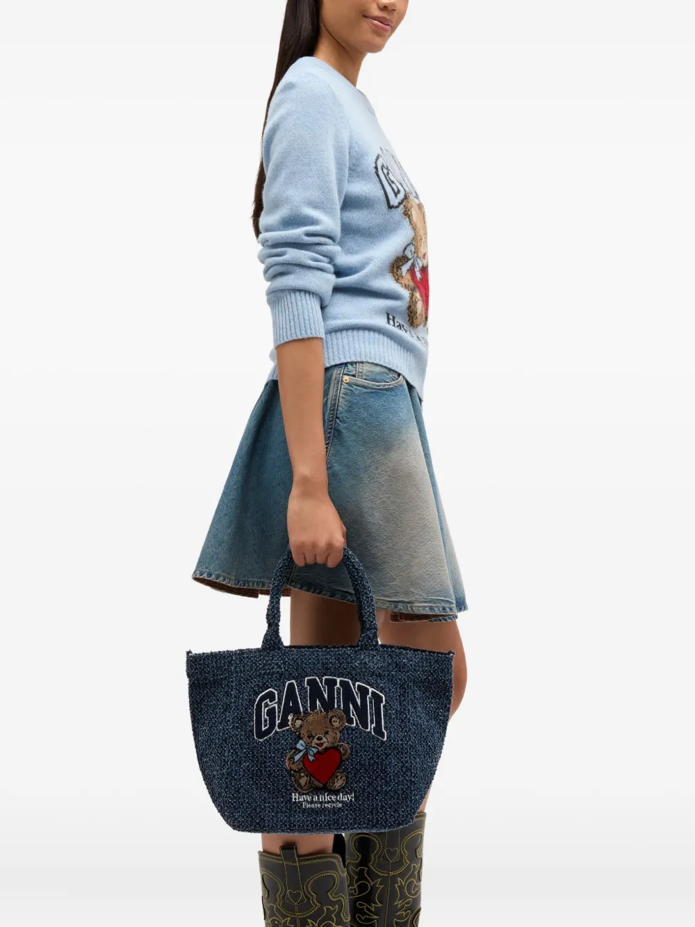  Ganni Teddy Appliqué Tote Bag - Blue 