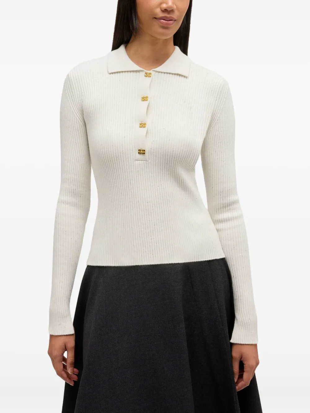 GANNI Geribbelde poloshirts met knopen Beige