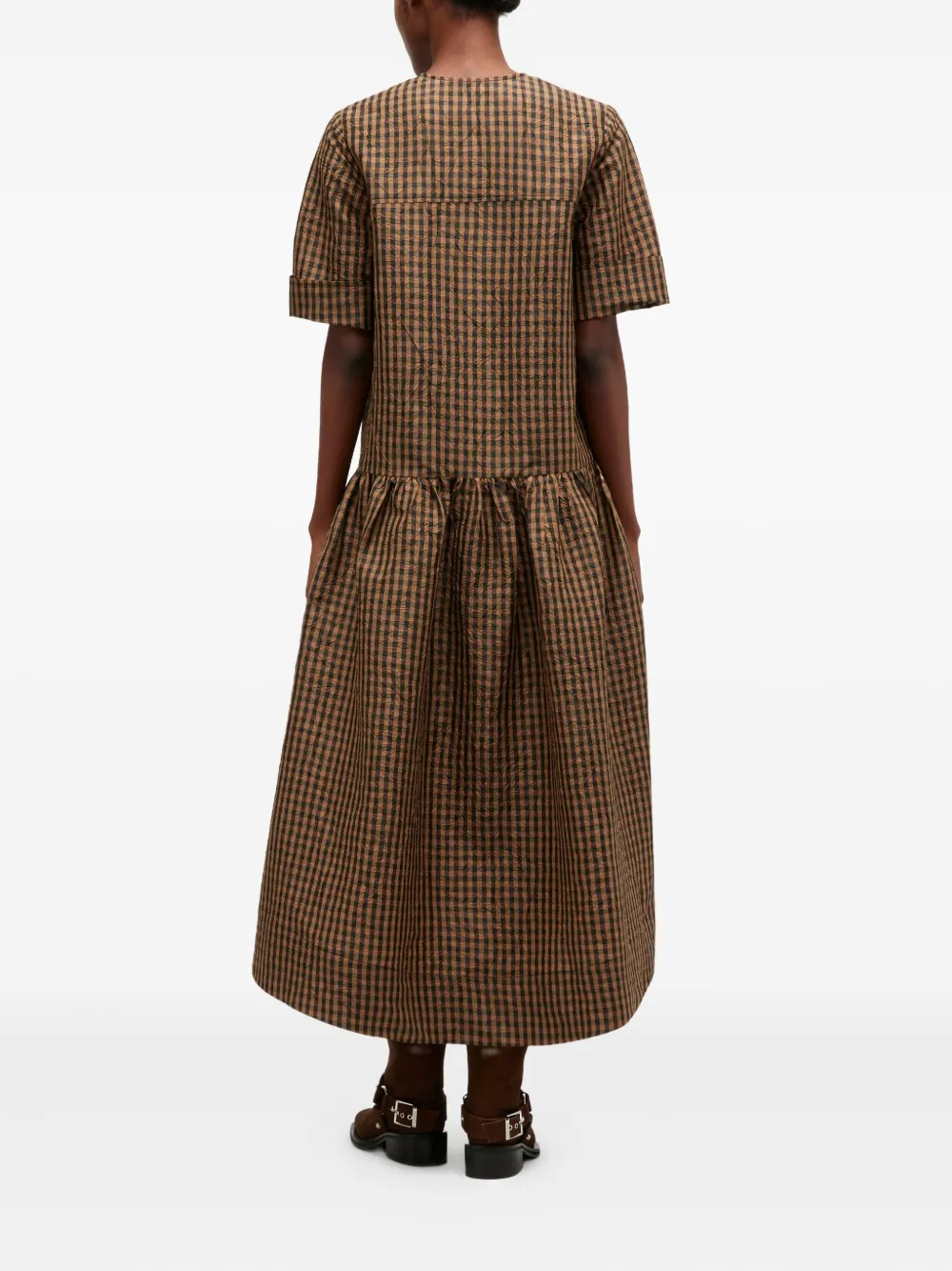 GANNI Geruite jurk met V-hals Bruin