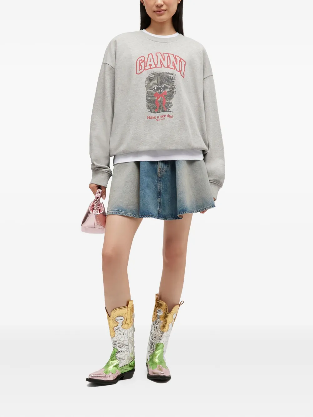 Ganni Graphic-print Sweatshirt In Gray