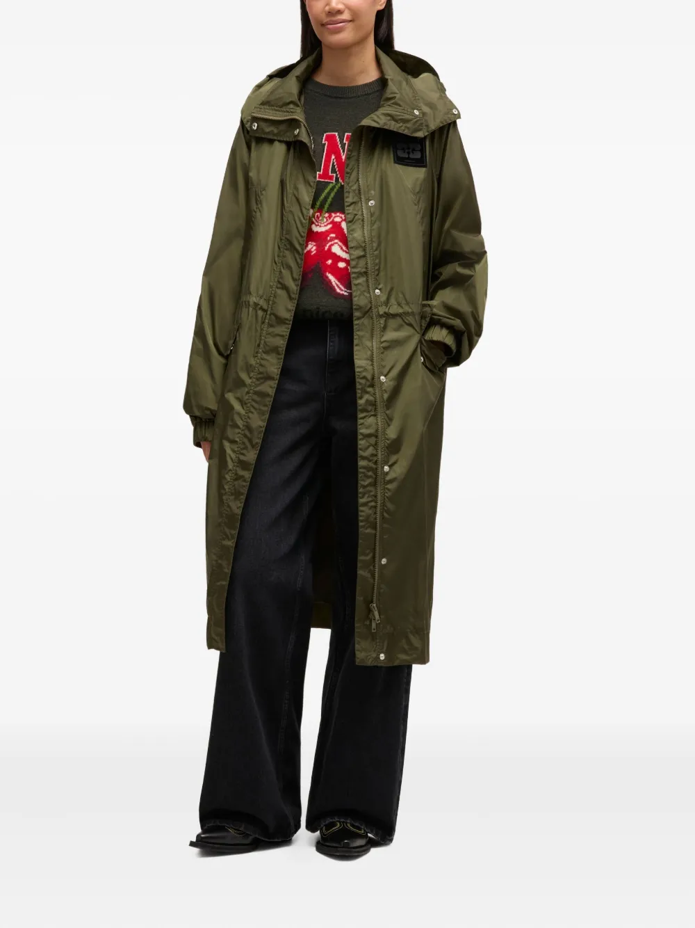GANNI Hood logo-patch Coat | Green | FARFETCH