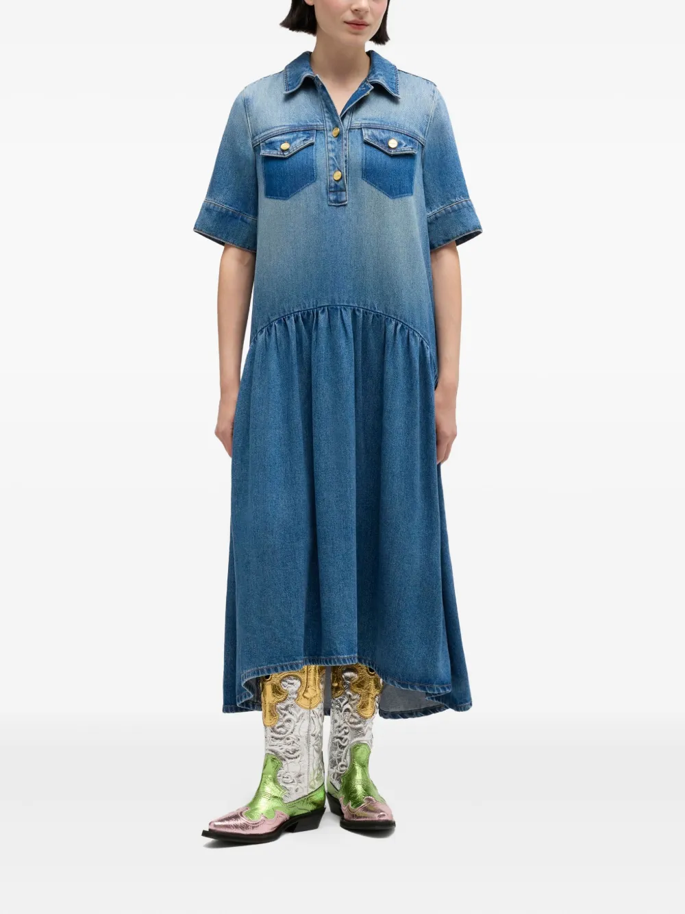 GANNI Jurk met knopen en ruches - Blauw