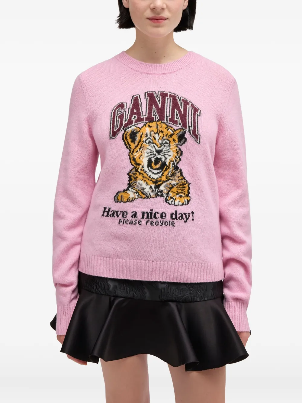 Ganni Graphic Print Long Sleeve Crew Neck Sweater In Pink