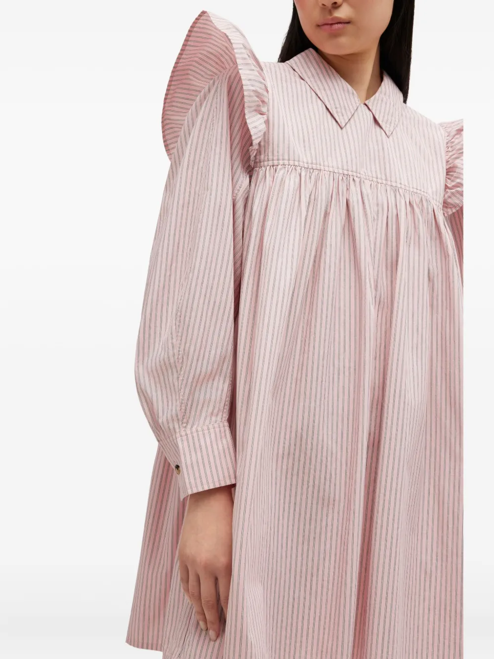 GANNI Gestreepte mini-jurk met ruches Roze