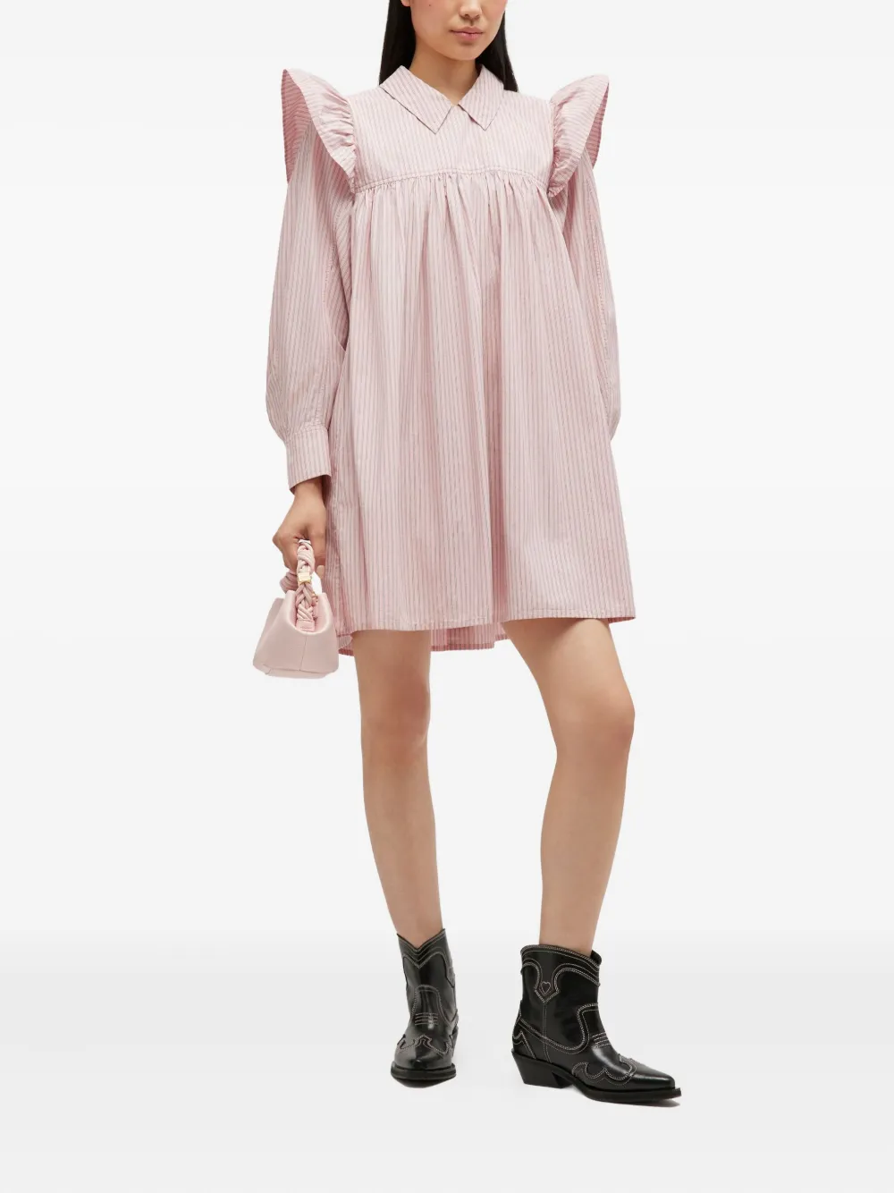 GANNI Gestreepte mini-jurk met ruches - Roze