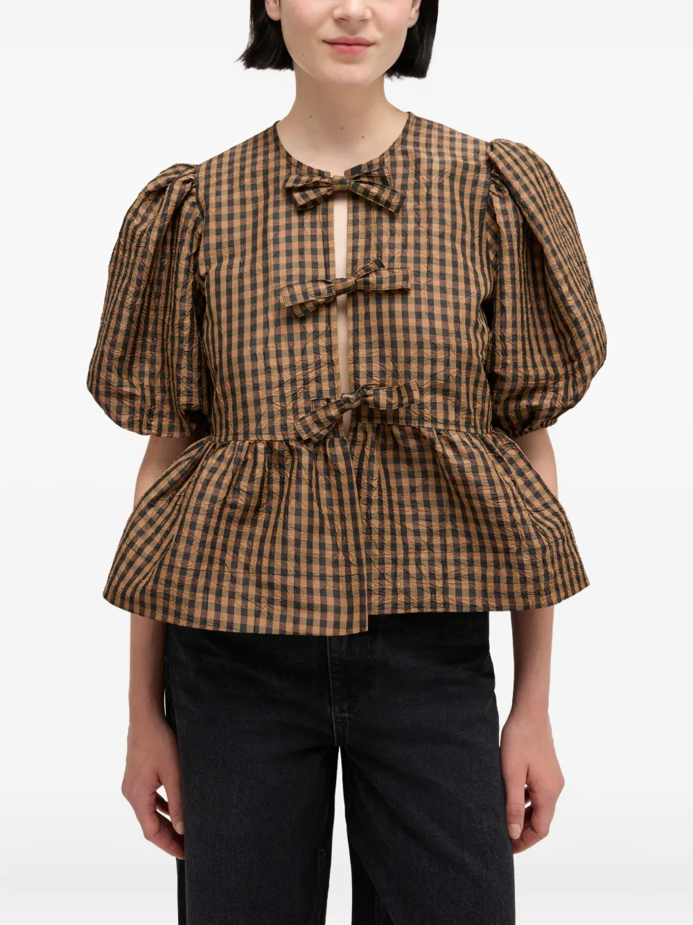 Ganni Gingham Bow Top In Brown