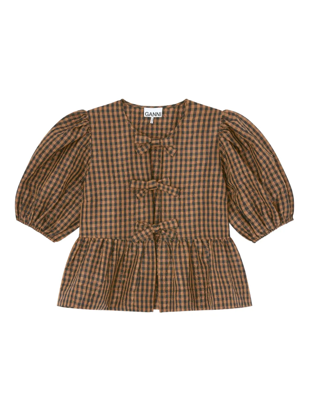 Ganni Gingham Bow Top In Brown