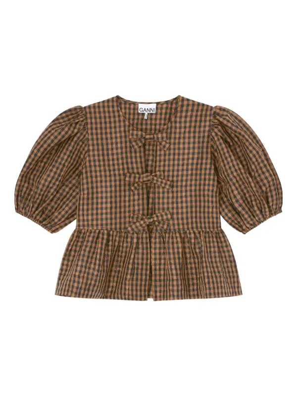 GANNI Blusa Com Laço Xadrez | Marrom | FARFETCH BR