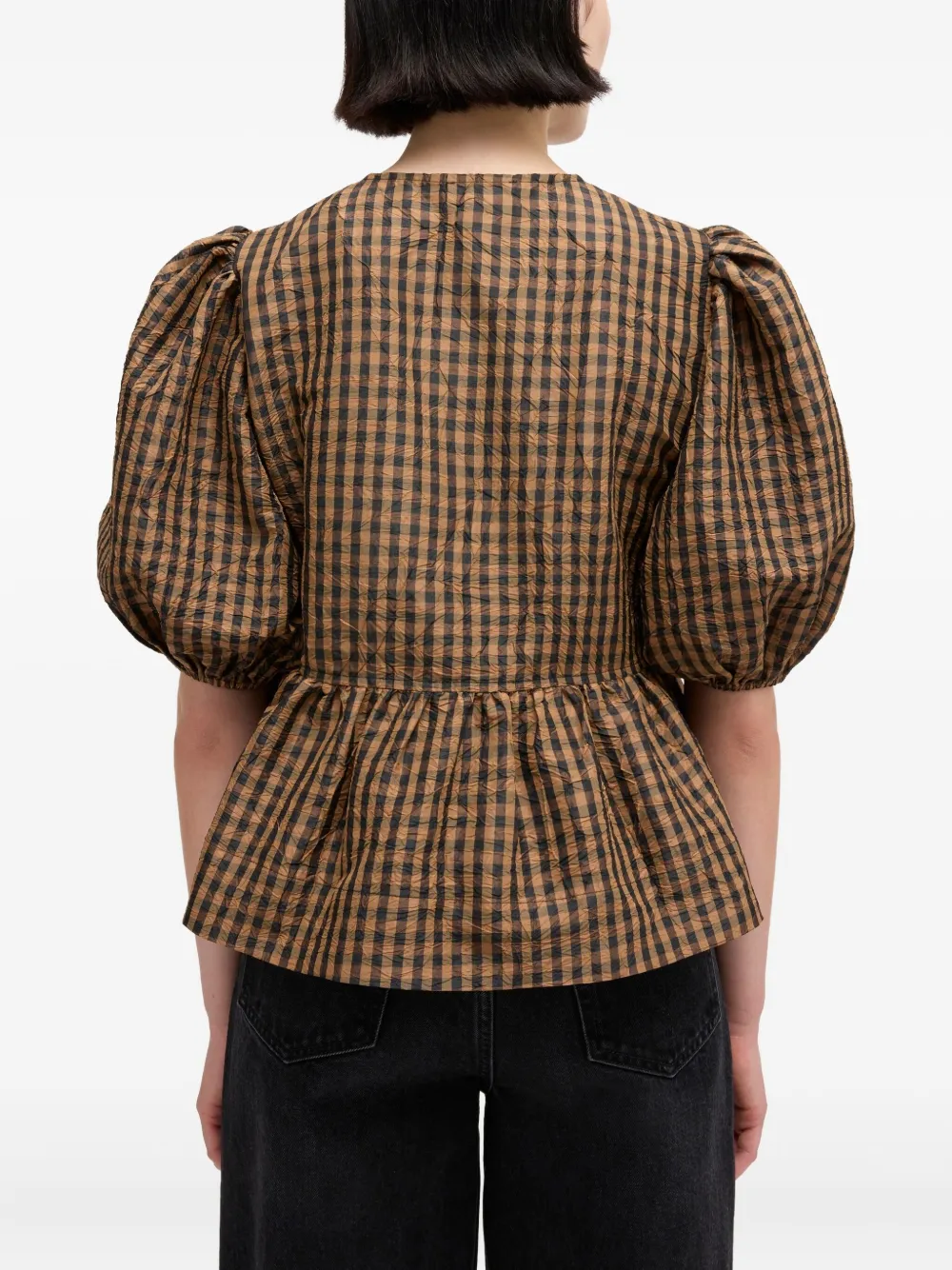 Ganni Gingham Bow Top In Brown