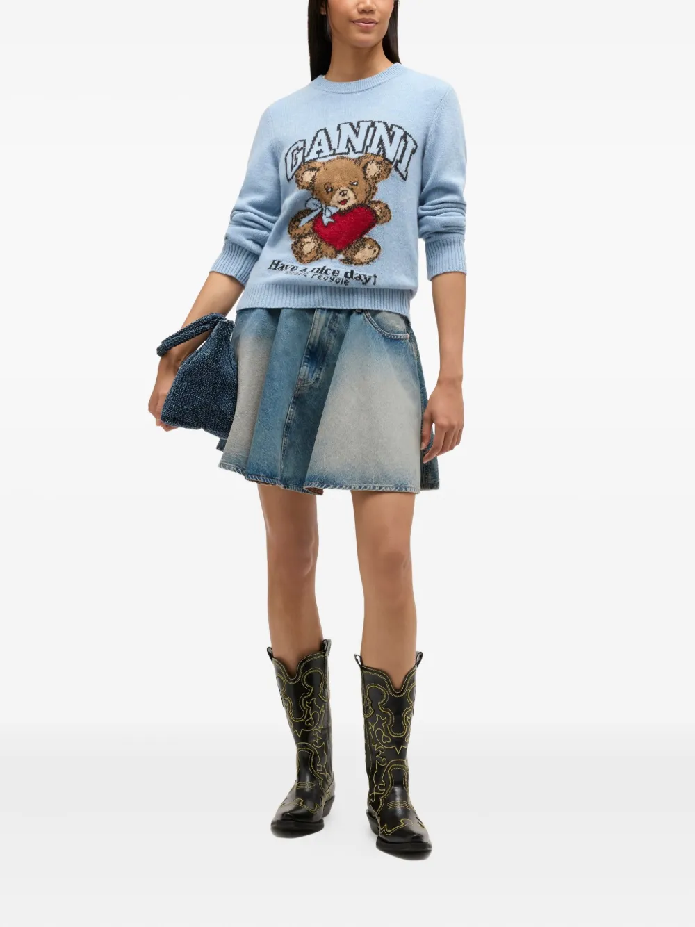 Ganni Wool Crew Neck Sweater Graphic Print In Blue