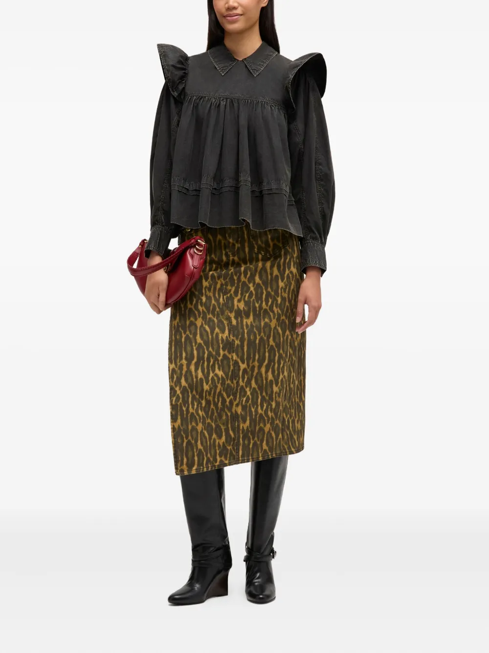 GANNI Blouse met ruchekraag - Zwart