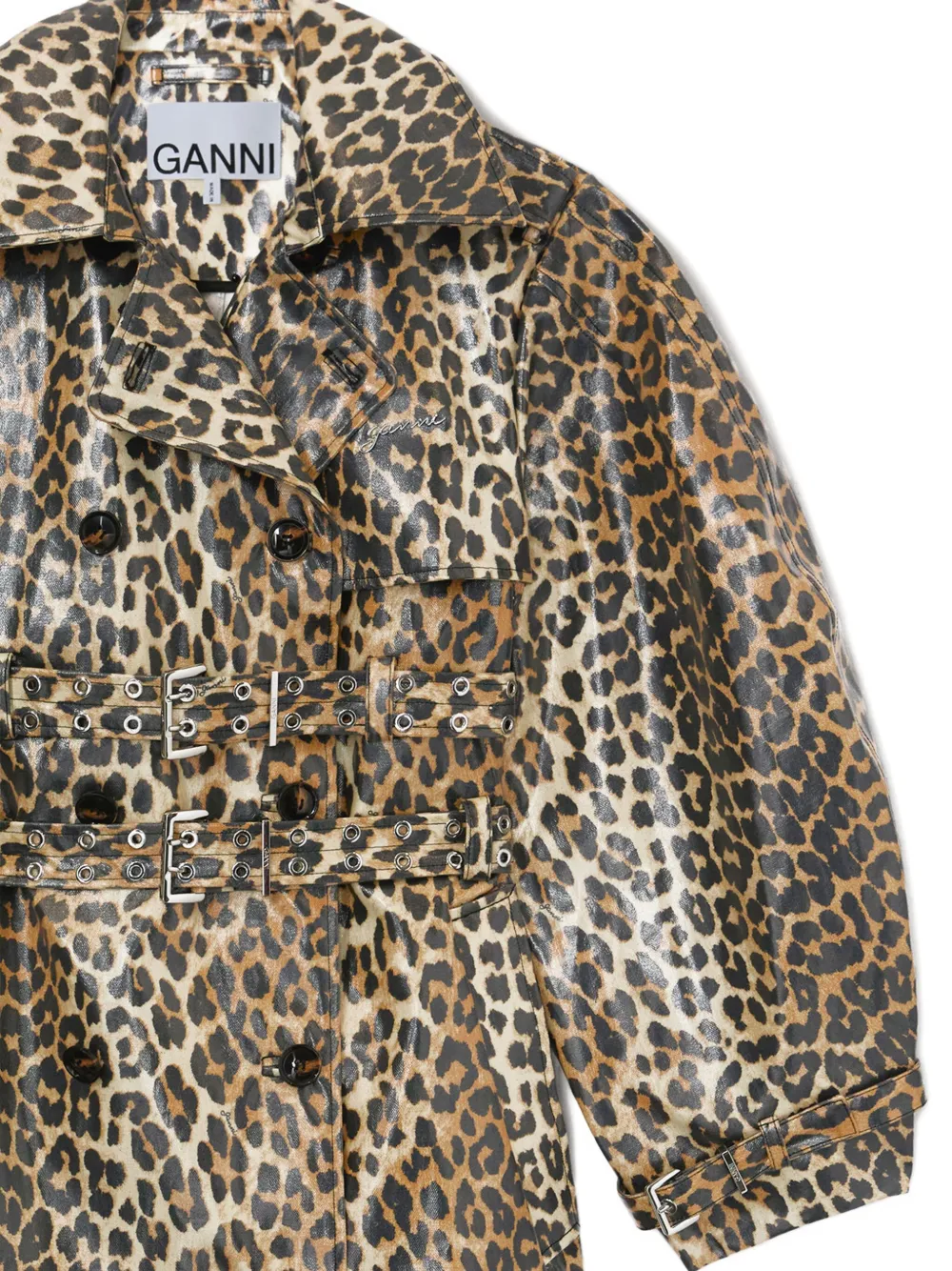 GANNI Gelamineerde katoenen trenchcoat met luipaard-print Bruin