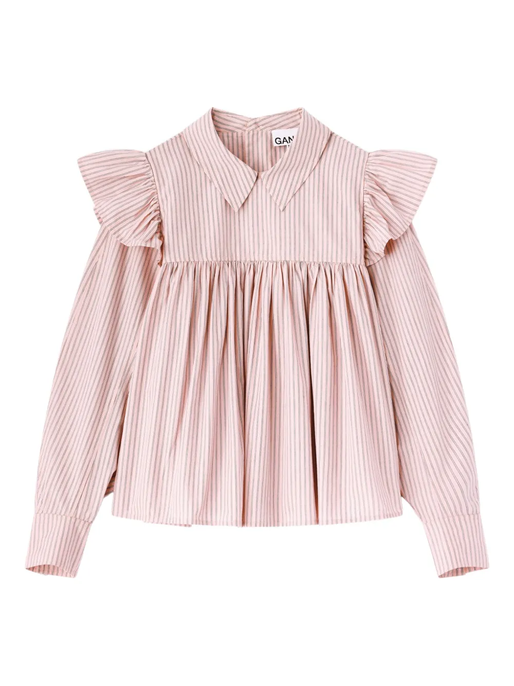 Ganni Blouse Collared Neck Long Sleeves Stripes Ruffles In Pink