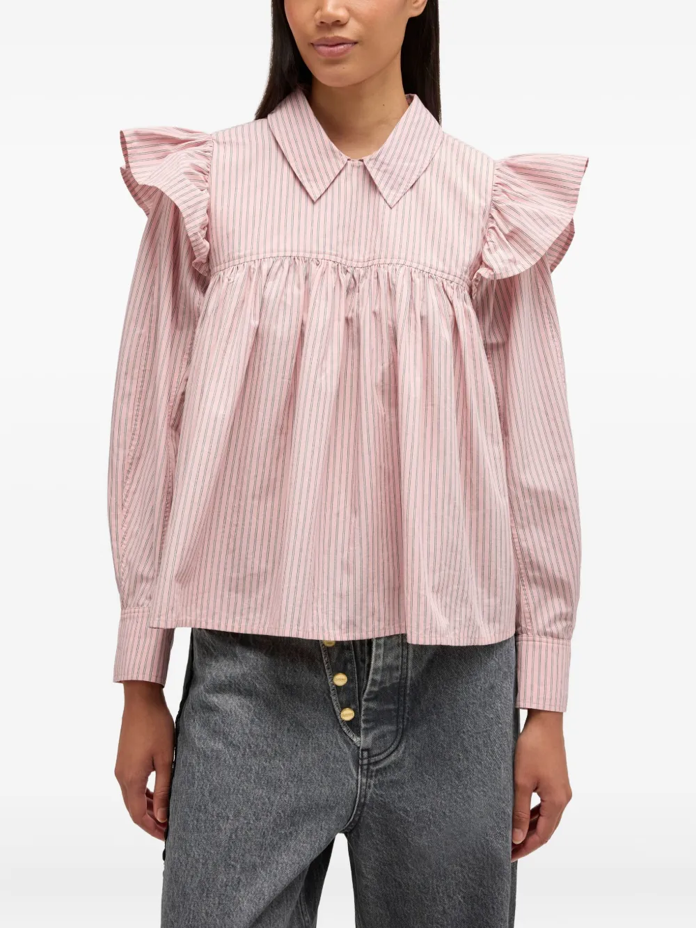 Ganni Blouse Collared Neck Long Sleeves Stripes Ruffles In Pink