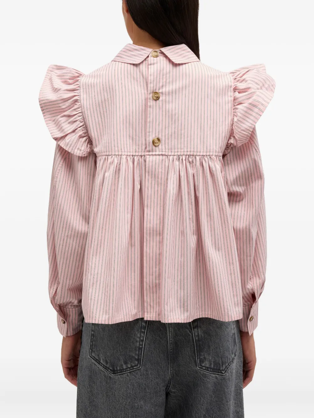 Ganni Blouse Collared Neck Long Sleeves Stripes Ruffles In Pink