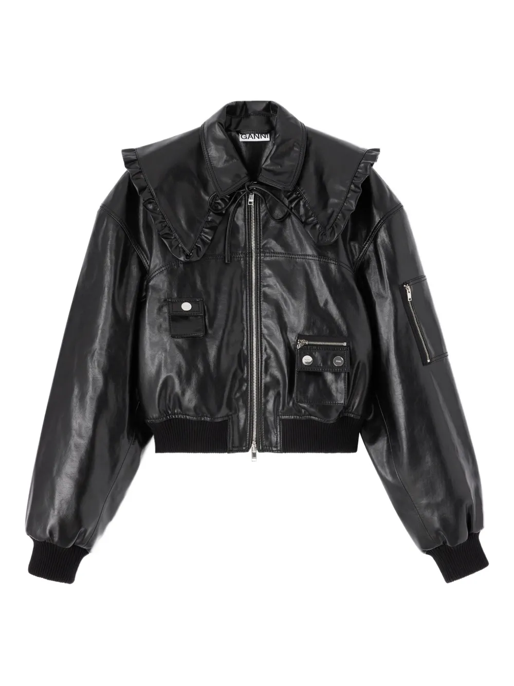 GANNI Bikerjacke mit Rüschenkragen - Schwarz