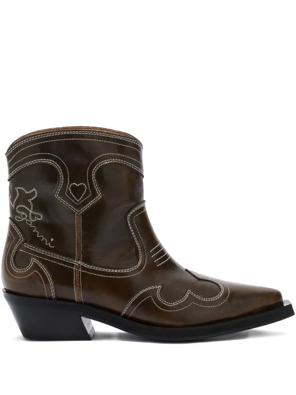 Ganni Low Shaft Embroidered Western Boots in Brown