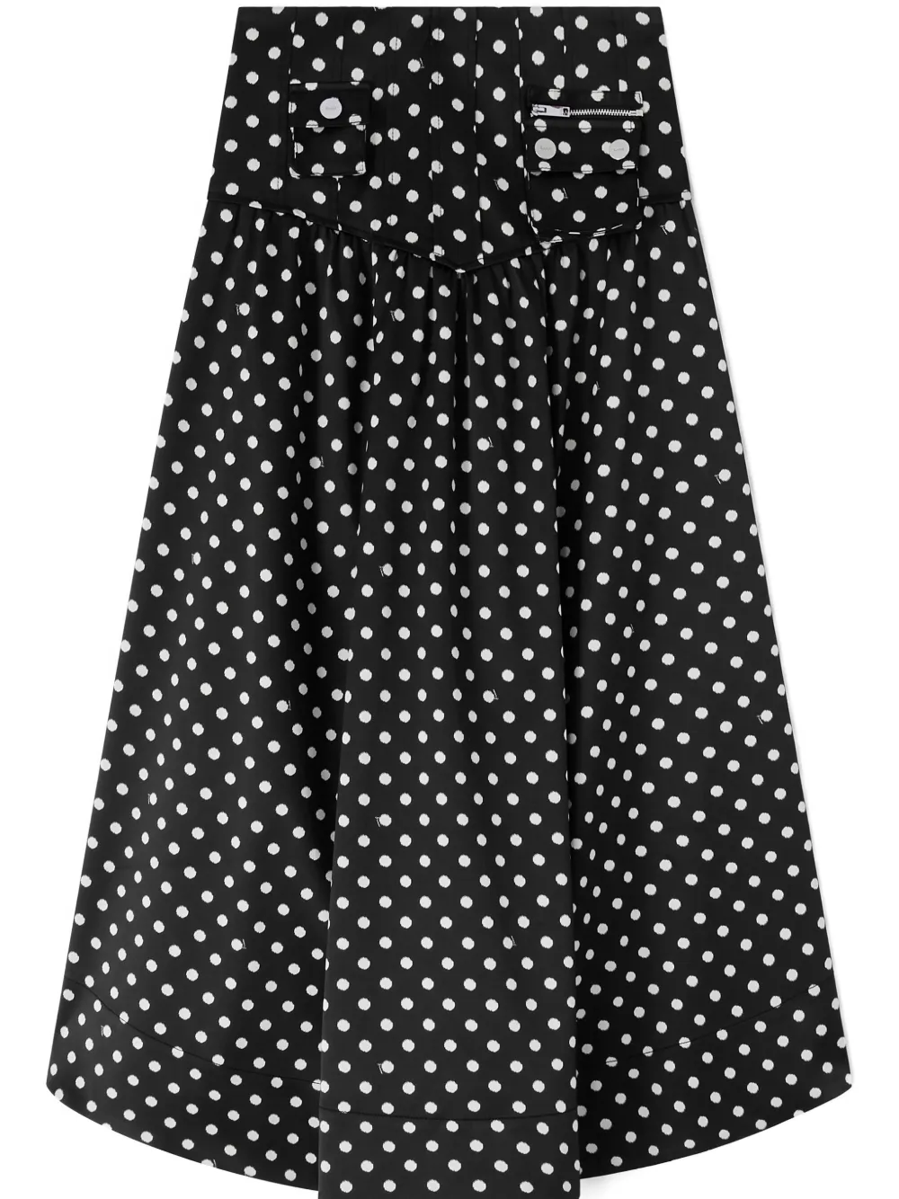 Ganni Gathered Polka-dot Recycled Satin Midi Skirt In Black